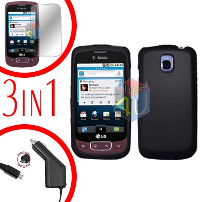 For LG Optimus One P500 Screen +Car Charger +Cover Hard Case Black 3-in-1
