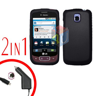 For LG Optimus One P500 Car Charger +Cover Hard Case Rubberized Black 2-in-1