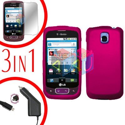 For LG Optimus One P500 Screen +Car Charger +Cover Hard Case Rose Pink 3-in-1