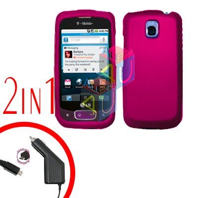 For LG Optimus One P500 Car Charger +Cover Hard Case Rubberized Rose Pink 2-in-1