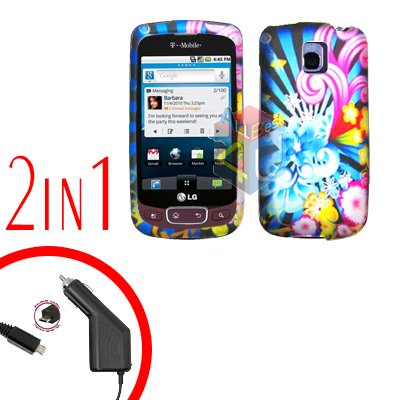 For LG Optimus One P500 Car Charger +Cover Hard Case A-Flower 2-in-1