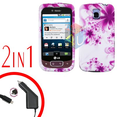 For LG Optimus One P500 Car Charger +Cover Hard Case H-Flower 2-in-1