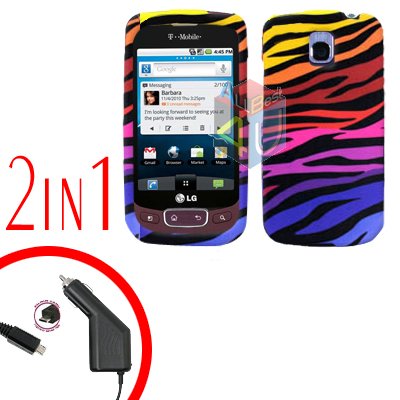 For LG Optimus One P500 Car Charger +Cover Hard Case C-Zebra 2-in-1
