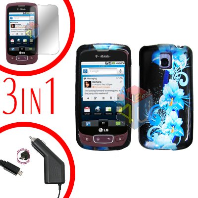 For LG Optimus One P500 Screen +Car Charger +Cover Hard Case Flower 3-in-1