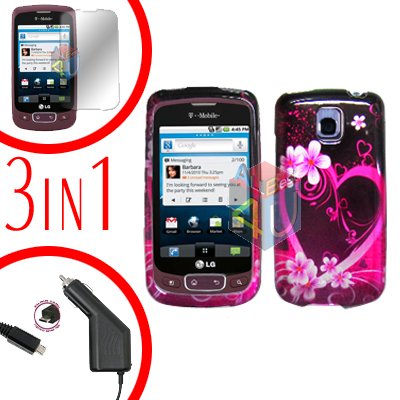 For LG Optimus One P500 Screen +Car Charger +Cover Hard Case Love 3-in-1