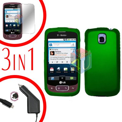 For LG Optimus One P500 Screen +Car Charger +Cover Hard Case Green 3-in-1