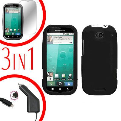 For Motorola Bravo MB520 Screen +Car Charger +Cover Hard Case Rubberized Black 3-in-1