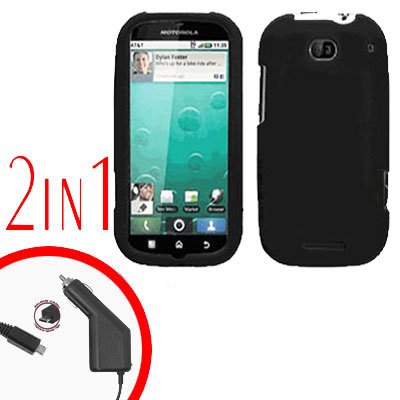 For Motorola Bravo MB520 Car Charger + Cover Hard Case Rubberized Black 2-in-1