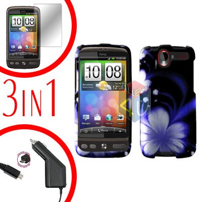 For HTC Desire Screen +Car Charger +Cover Hard Case B-Flower 3-in-1