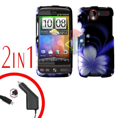 For HTC Desire Car Charger +Cover Hard Case B-Flower 2-in-1