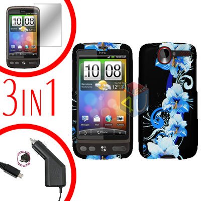 For HTC Desire Screen +Car Charger +Cover Hard Case Flower 3-in-1