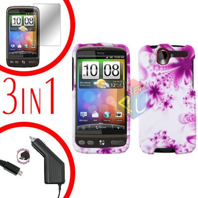 For HTC Desire Screen +Car Charger +Cover Hard Case H-Flower 3-in-1