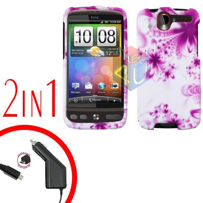 For HTC Desire Car Charger +Cover Hard Case H-Flower 2-in-1