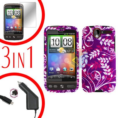 For HTC Desire Screen +Car Charger +Cover Hard Case P-Flower 3-in-1