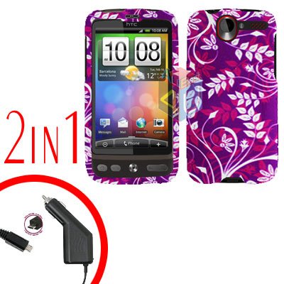For HTC Desire Car Charger +Cover Hard Case P-Flower 2-in-1