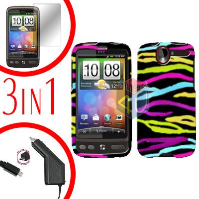 For HTC Desire Screen +Car Charger +Cover Hard Case Rainbow 3-in-1
