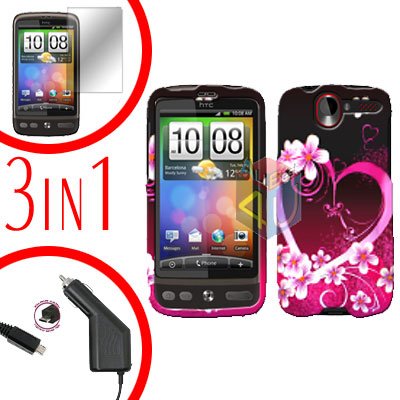 For HTC Desire Screen +Car Charger +Cover Hard Case Love 3-in-1