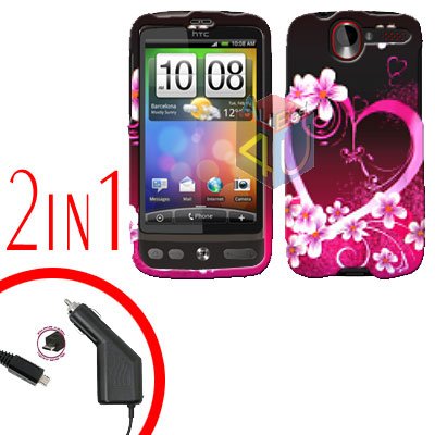 For HTC Desire Car Charger +Cover Hard Case Love 2-in-1