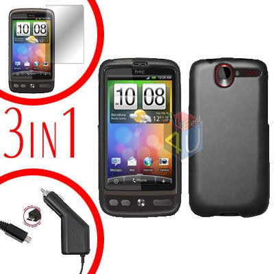 For HTC Desire Screen +Car Charger +Cover Hard Case Rubberized Black 3-in-1