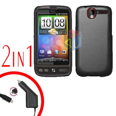 For HTC Desire Car Charger +Cover Hard Case Rubberized Black 2-in-1
