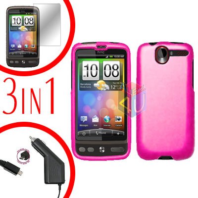 For HTC Desire Screen +Car Charger +Cover Hard Case Rubberized Hot Pink 3-in-1