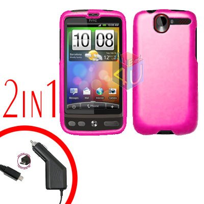 For HTC Desire Car Charger +Cover Hard Case Rubberized Hot Pink 2-in-1