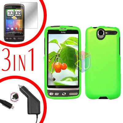 For HTC Desire Screen +Car Charger +Cover Hard Case Rubberized Neon Green 3-in-1