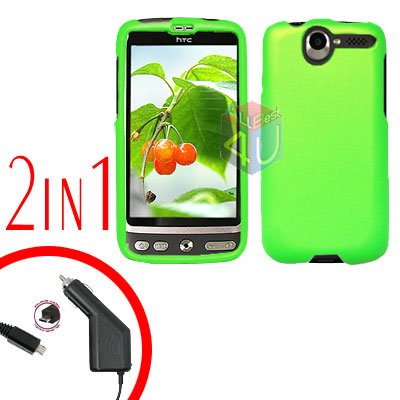 For HTC Desire Car Charger +Cover Hard Case Rubberized Neon Green 2-in-1