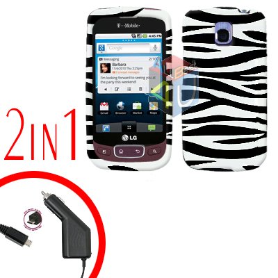 For LG Optimus One P500 Car Charger +Cover Hard Case Zebra 2-in-1