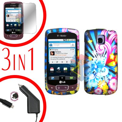 For LG Optimus-T / P509 Screen +Car Charger +Hard Case A-Flower 3-in-1