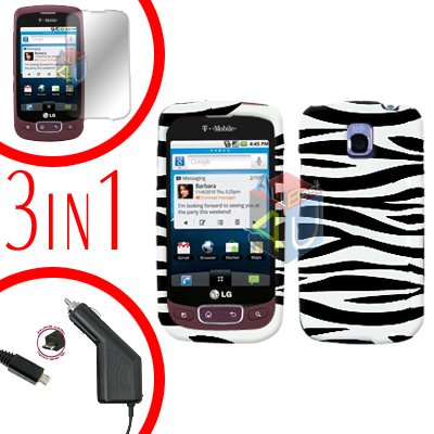 For LG Optimus-T / P509 Screen +Car Charger +Hard Case Zebra 3-in-1