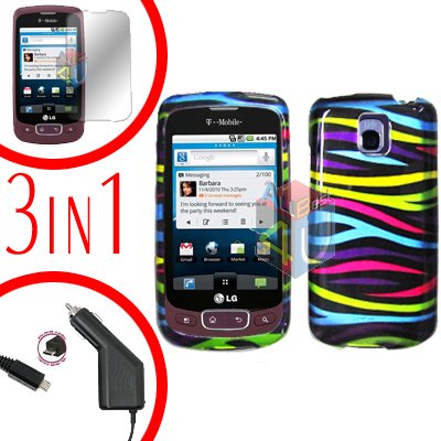 For LG Optimus-T / P509 Screen +Car Charger +Hard Case Rainbow 3-in-1