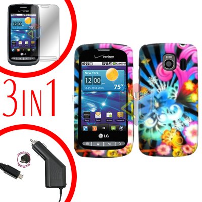 For LG Vortex VS660 Screen +Car Charger +Hard Case A-Flower 3-in-1