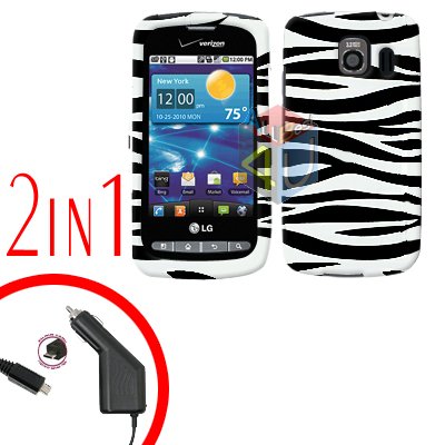 For LG Vortex VS660 Car Charger +Cover Hard Case Zebra 2-in-1