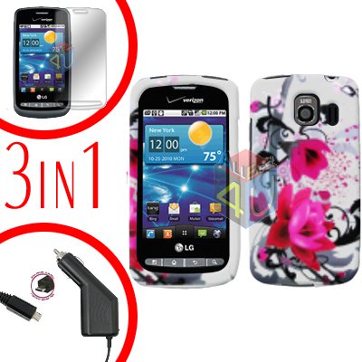 For LG Vortex VS660 Screen +Car Charger +Hard Case W-Flower 3-in-1