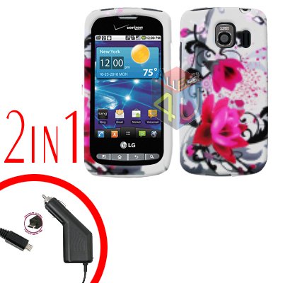For LG Vortex VS660 Car Charger +Cover Hard Case W-Flower 2-in-1
