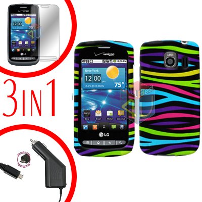 For LG Vortex VS660 Screen +Car Charger +Hard Case Rainbow 3-in-1