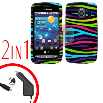 For LG Vortex VS660 Car Charger +Cover Hard Case Rainbow 2-in-1