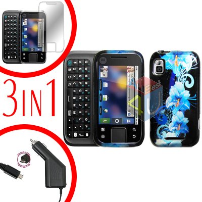 For Motorola Flipside MB508 Screen +Car Charger +Cover Hard Case Flower 3-in-1