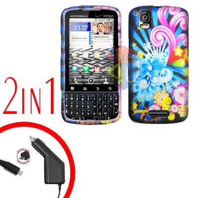 For Motorola Droid Pro A957 Car Charger +Hard Case A-Flower 2-in-1