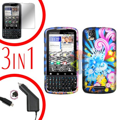 For Motorola Droid Pro A957 Screen +Car Charger +Hard Case A-Flower 3-in-1