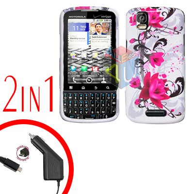 For Motorola Droid Pro A957 Car Charger +Hard Case W-Flower 2-in-1