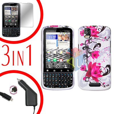 For Motorola Droid Pro A957 Screen +Car Charger +Hard Case W-Flower 3-in-1