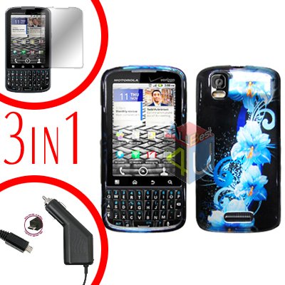 For Motorola Droid Pro A957 Screen +Car Charger +Hard Case Flower 3-in-1
