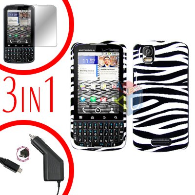 For Motorola Droid Pro A957 Screen +Car Charger +Hard Case Zebra 3-in-1