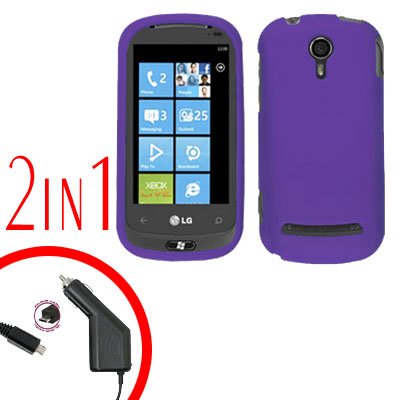 For LG Quantum C900 Car Charger +Cover Hard Case Rubberized Purple 2-in-1