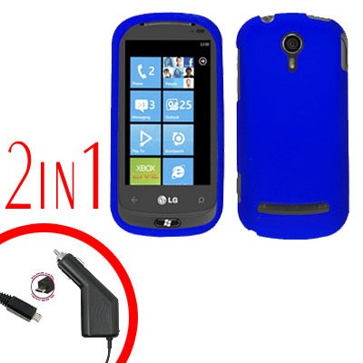 For LG Quantum C900 Car Charger +Cover Hard Case Rubberized Blue 2-in-1