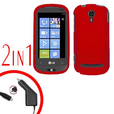 For LG Quantum C900 Car Charger +Cover Hard Case Rubberized Red 2-in-1