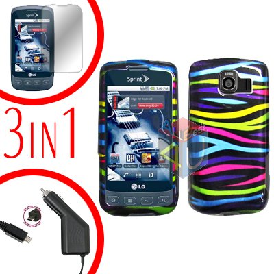 For LG Optimus U US670 Screen +Car Charger +Hard Case Rainbow 3-in-1