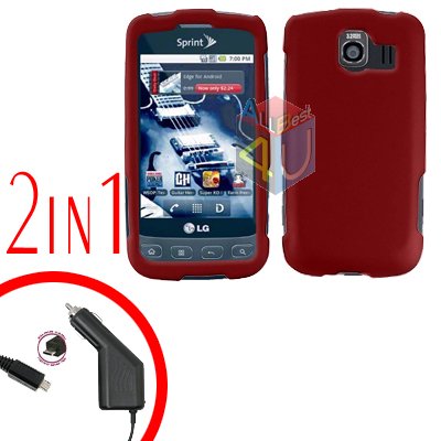 For LG Optimus U US670 Car Charger +Cover Hard Case Rubberized Red 2-in-1